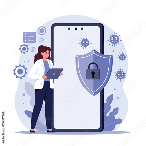 A female cybersecurity expert defends a smartphone with a massive security shield against incoming digital malware threats in this colorful 2D flat vector illustration.