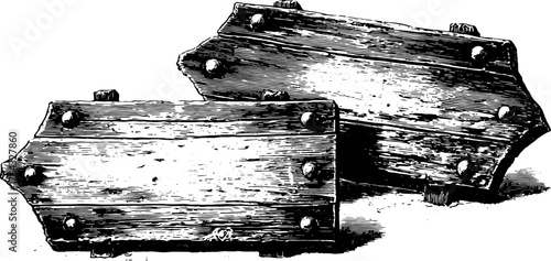 Vintage wooden sign boards with engraved details. Black and white vector illustration, suitable for decoration or signage set.