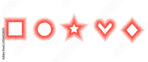 Chili pepper grainy noise geometric shapes set. Dotwork paprika textured red frame elements. Rectangle, heart and circle halftone spicy powder text boxes. Vector gritty stickers. Grunge callouts.