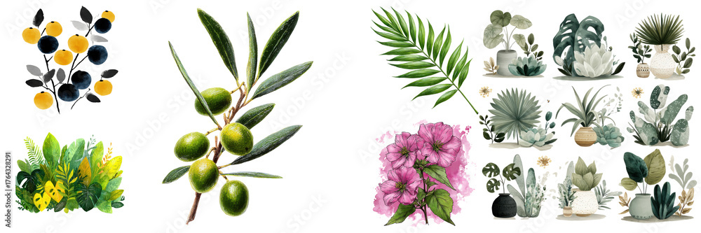Naklejka premium Botanical Watercolor Illustrations with Diverse Plants and Flowers for Creative Design Projects on transparent background.