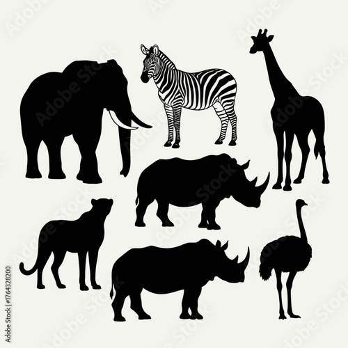 Silhouette Collection of African Wildlife: Elephant, Zebra, Giraffe, Rhinos, Panther, and Ostrich