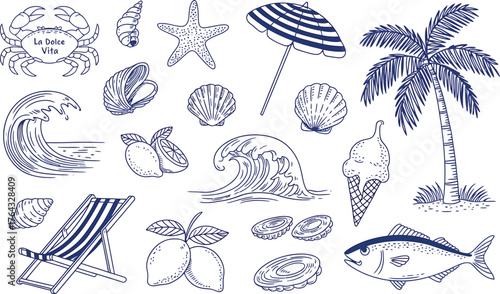 Summerthemed sketch showcases seaside elements like a beach chair and marine life outline