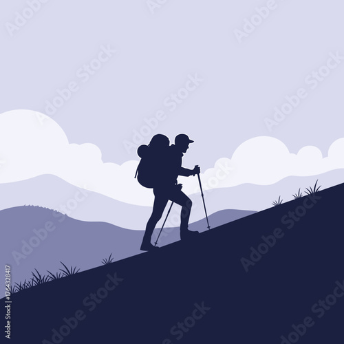 Silhouette of a Hiker Ascending a Hill with Backpack and Trekking Poles
