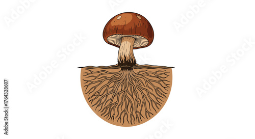 Detailed illustration of a mushroom with visible mycelium network.