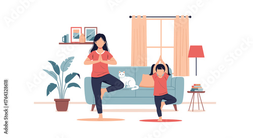Mother and daughter practicing yoga tree pose together at home.