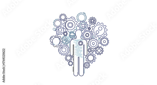 Human Figure with Gears and Cogs Representing Thought and Mechanism.