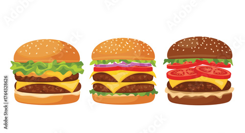 Three Delicious Gourmet Burgers Side by Side on White Background.