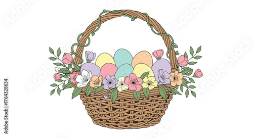 Easter basket filled with colorful eggs and beautiful flowers for celebration.