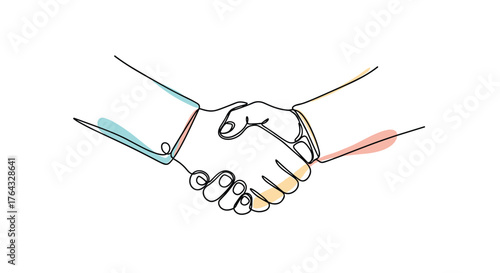 Continuous line drawing of a handshake with colorful accents.