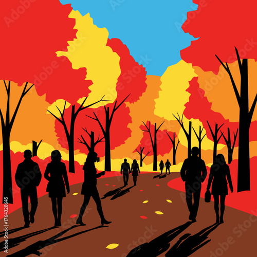 Silhouetted Figures Strolling Through a Vibrant Autumnal Park Scene.
