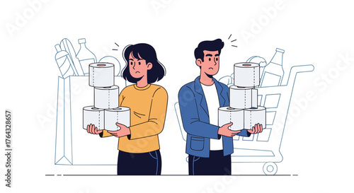 Couple holding shopping boxes with worried expressions.