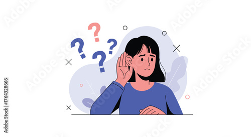 Young woman cupping ear trying to hear with question marks floating around her head.