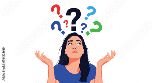 Woman looking up with question marks above her head, pondering.