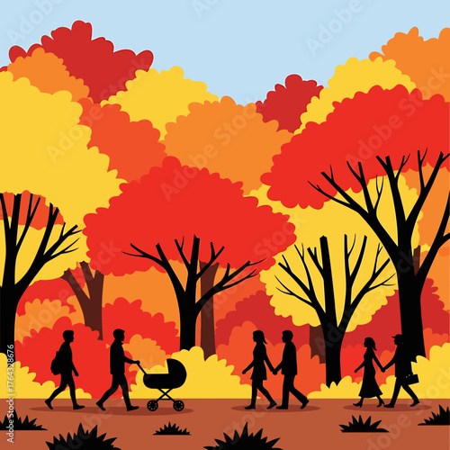 Silhouetted families stroll through an autumnal forest with vibrant foliage