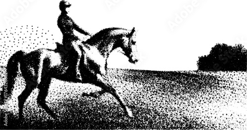 Engraving of a horse and rider in silhouette style. Black outline vector illustration capturing movement and classic equestrian culture.