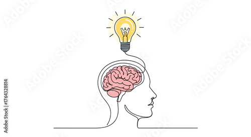 Brainstorming - Continuous Line Art of Brain with Lightbulb Idea.