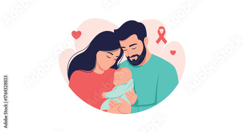 Loving parents embrace their newborn baby with tenderness and care.