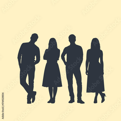 Silhouetted Group of Four People Posing in Various Casual Attitudes