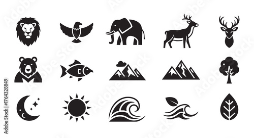 Collection of diverse black icons animals and celestial bodies on white