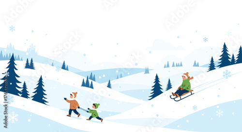 Children Enjoying Winter Activities in a Snowy Landscape.