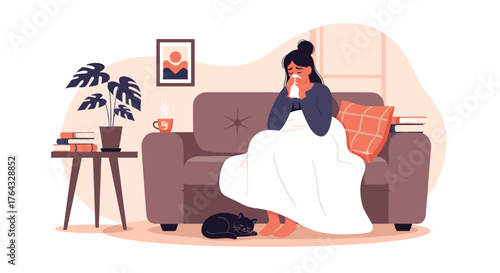 Sick Woman on Sofa with Blanket and Tissues.