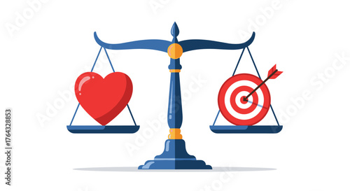 Heart and target balanced on scale representing emotions and goals.