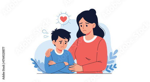 Mother comforting sad son with love and care.