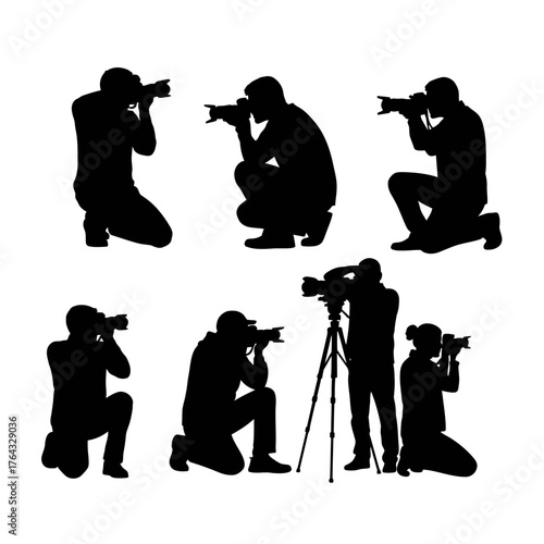 Silhouetted Photographers in Diverse Poses Capturing Moments with Cameras