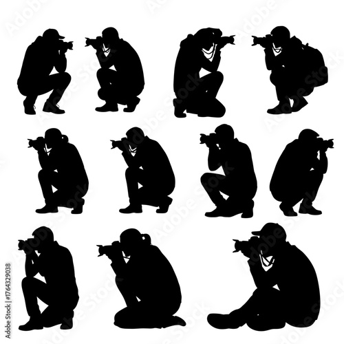 Silhouetted Photographers in Squatting Poses Capturing Images with Professional Cameras