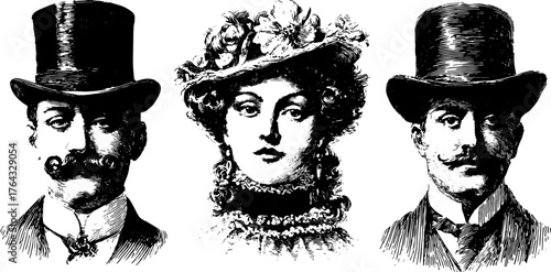 Engravings of vintage portraits featuring a man, a woman, and another man. Black and white vector illustration capturing elegant fashion details.