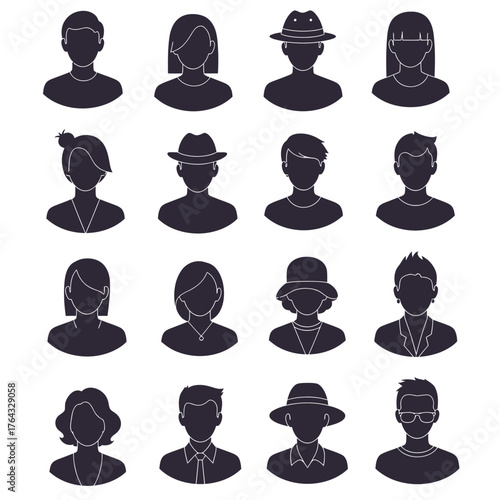 Silhouetted Portraits of Diverse Individuals Depicting Various Hairstyles and Accessories