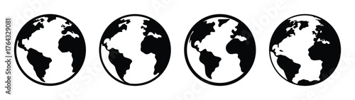 Four globe icons showcasing different landmass views seamlessly arranged in a row sequence