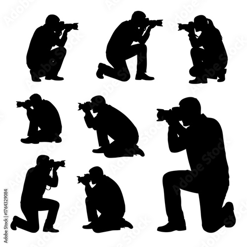 Silhouetted Photographers in Various Poses with Cameras, Capturing Moments