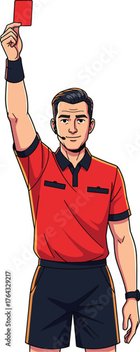 Determined Soccer Referee Showing Red Card on Field, Making Official Call During Intense Game, Symbolizing Disciplinary Action and Rule Enforcement in Professional Sports Match Illustration with Moder