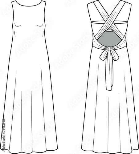 Women's stylish maxi dress with criss-cross tie-back fashion flat technical sketch vector illustration for apparel design and clothing template.
