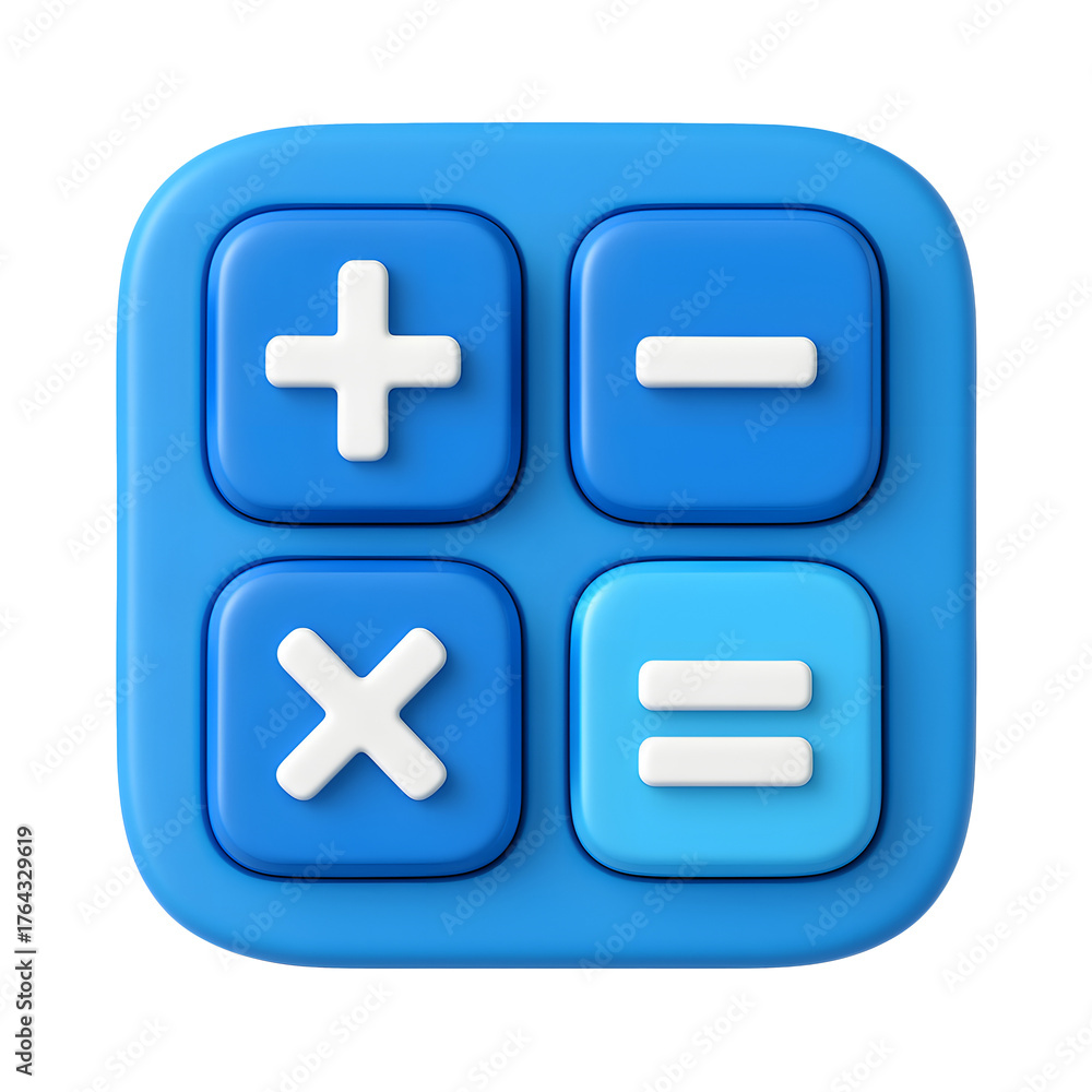 Fototapeta premium 3D calculator icon, blue square button with math symbols, isolated on transparent background