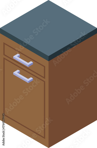 Modern dishwasher machine with grey countertop and wooden panels cleaning dishes in a kitchen