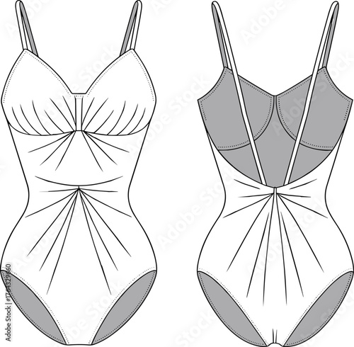 Women's stylish gathered ruched one-piece swimsuit fashion flat technical sketch vector illustration for swimwear design and clothing template.