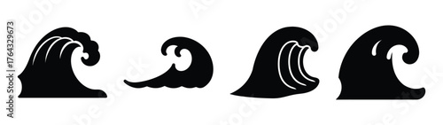 Four distinct silhouette ocean waves crashing dynamic water movement artistic representation nature aquatic