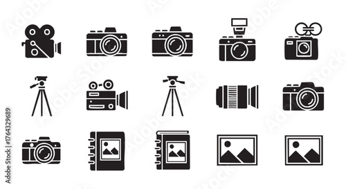 Collection of Camera and Film Related Black Silhouette Icons on White