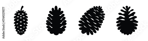 Four stylized dark pine cones shown in silhouette with varied orientations and details for a natural organic theme