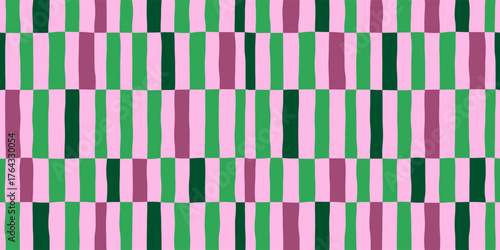 Abstract seamless horizontal geometric pattern of vertical multicolored stripes in a row on a pink background, distorted checkerboard pattern, simple hand-drawn vector illustration, flat style