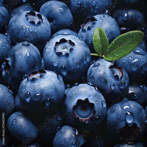 Experience the deliciousness of fresh blueberries, glistening with water droplets and surrounded by vibrant green leaves, ideal for healthy eating, recipes, and advertising.
