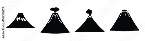 Four black silhouette volcano icons showing eruptions and activity levels