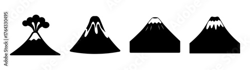 Four stylized volcano icons set various erupting and dormant mountain shapes