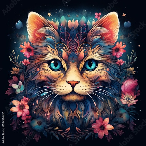 A vibrant digital painting of a cat with blue eyes surrounded by a colorful tapestry of flowers, blending elements of fantasy and nature for a unique artistic touch.