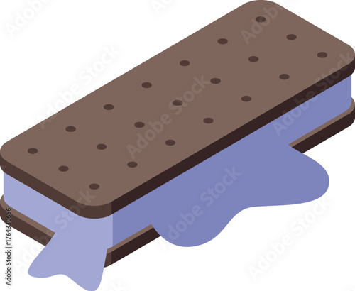 Refreshing ice cream sandwich melting under summer heat, featuring purple ice cream filling and two chocolate wafers