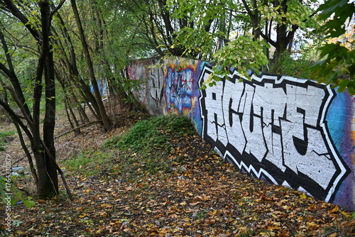 Concrete fortifications covered with graffiti in the forest
