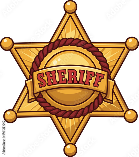 Golden Sheriff Star Badge Design Isolated on White Backdrop: A Classic Symbol of Law Enforcement and Western Heritage, Ideal for Nostalgic Projects and Creative Artwork, Perfect for Western Films, Gam
