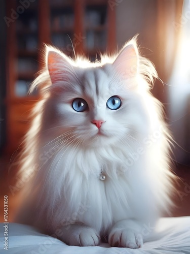 a fluffy white cat with blue eyes